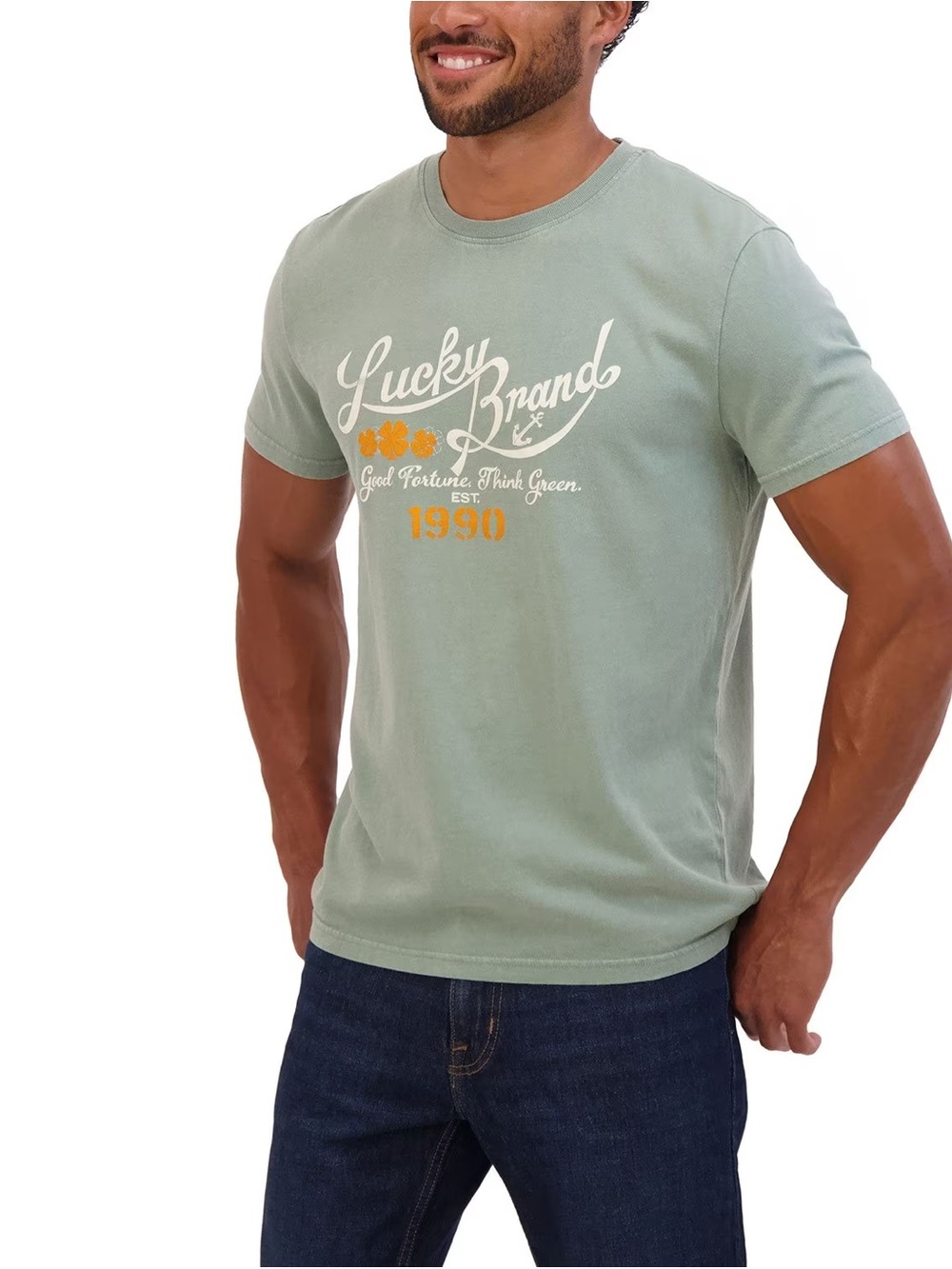 Lucky Brand Sage Green Graphic Crew Tee with Clovers